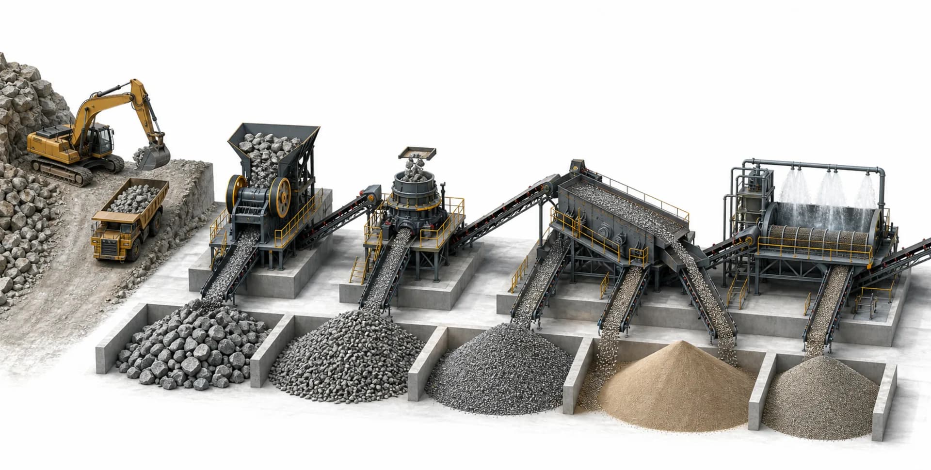 Proceso de producción y clasificación de áridos en planta procesadora