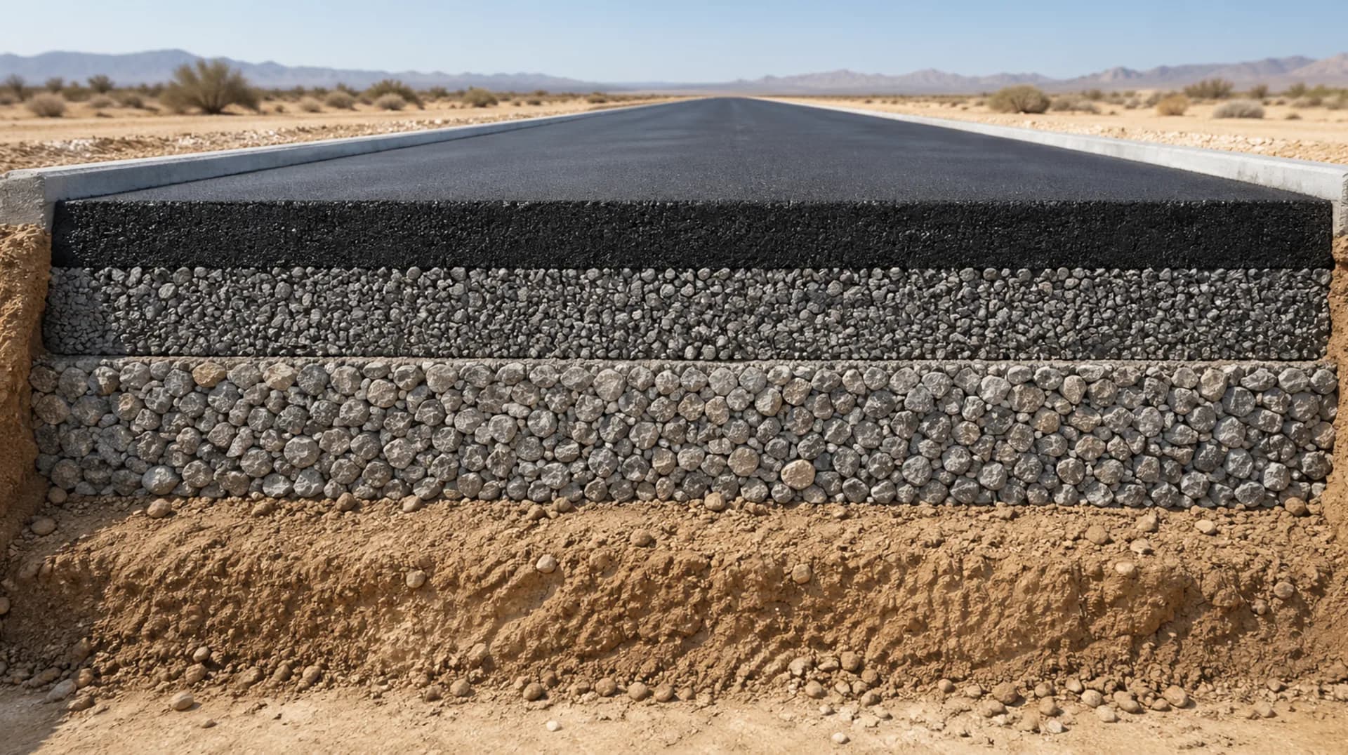 Sección transversal de pavimento mostrando capas de base y subbase granular