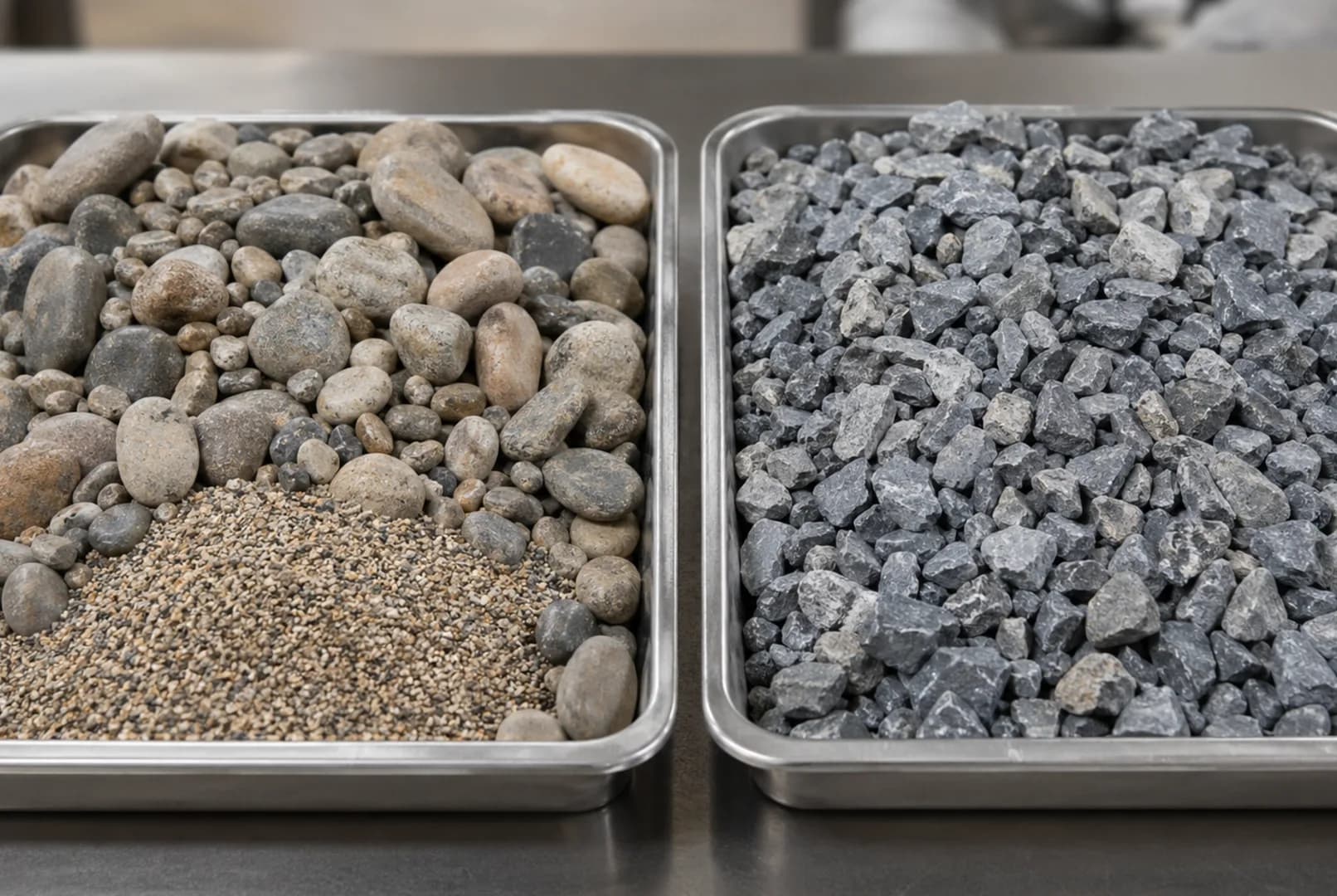 Comparativa visual entre áridos rodados y chancados de diferentes fracciones granulométricas